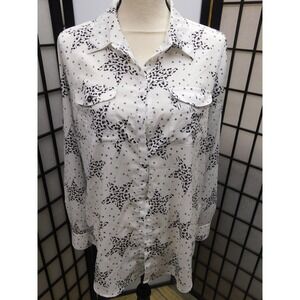 Karl Lagerfeld Paris White Star Logo Print Button Down Blouse Shirt Roll Tab M